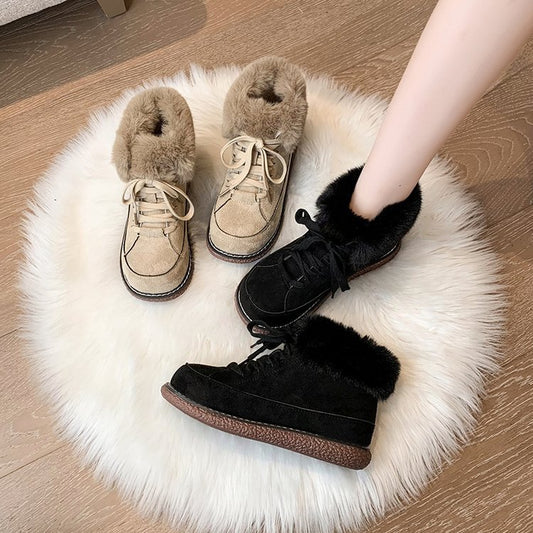 Warm Cotton Shoes Women's Winter Fleece Thickened Round Lace Snow Anti-slip Platform Boots